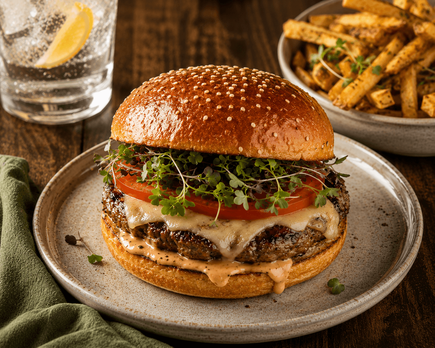 A burger and fries finished with microgreens