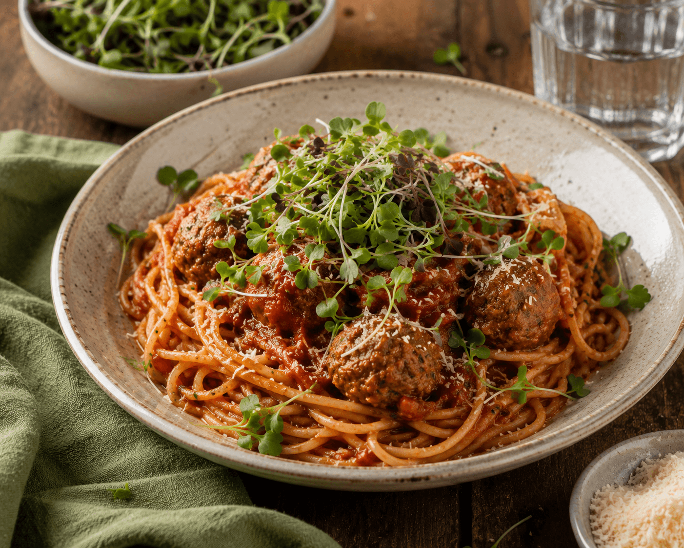 A plate of spaghetti and meatballs finished with microgreens