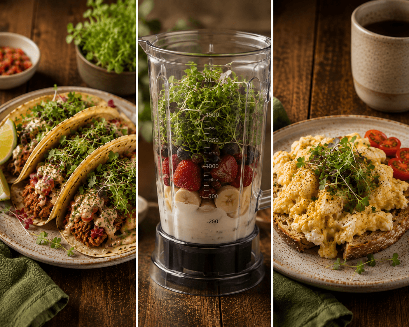 Tacos, a smoothie, and eggs on toast, each finished with microgreens